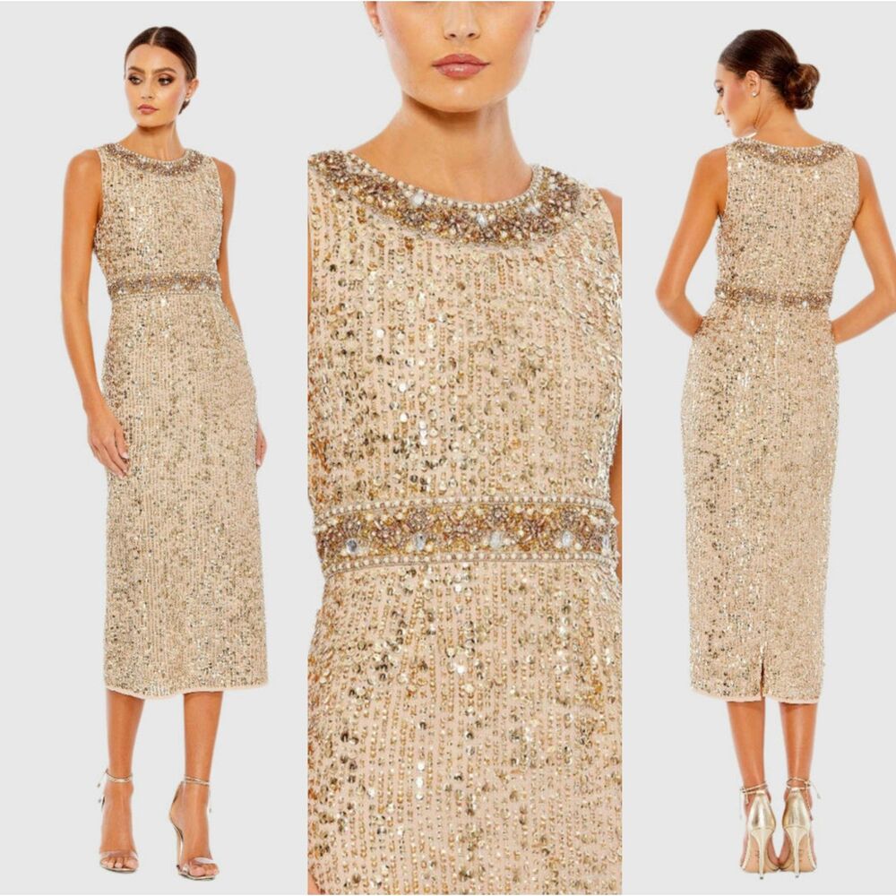 Mac Duggal Gold Embellished Sleeveless High Neck Size 12 Midi Dress 10739 New